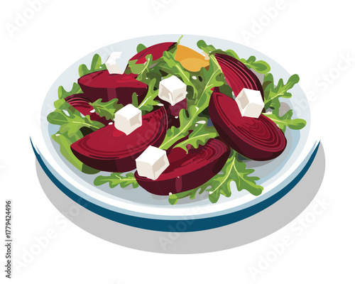 Fresh healthy salad with sliced red beets and white feta cheese cubes on a bed of green arugula - Vector Illustration