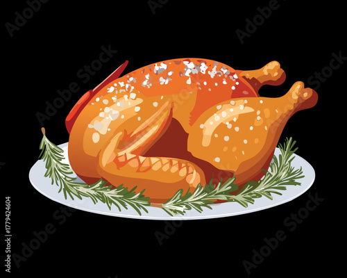 Traditional whole roasted chicken served on a white platter, garnished with fresh rosemary and savory seasoning - Vector Illustration