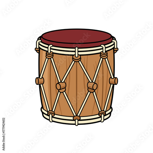 Wooden percussion drum with maroon top and detailed rope lacing on a black background in a flat cartoon vector style