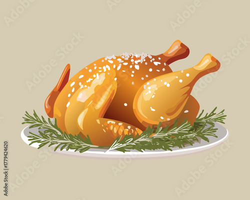 Golden roasted whole chicken served on a platter with fresh rosemary sprigs, ready for a family gathering - Vector Illustration