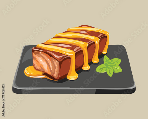 Grilled savory meat loaf or pork chop drizzled with cheese sauce, served on a black plate with fresh herb garnish - Vector Illustration