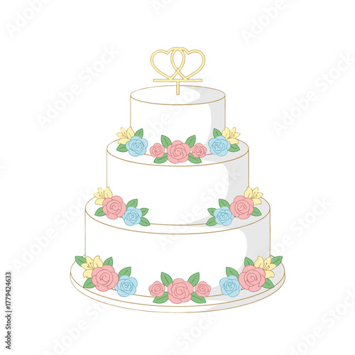 Three Tier White Wedding Cake With Pastel Pink And Blue Flowers And Gold Trim With Interlocking Heart Cake Topper