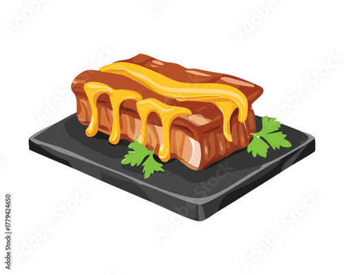 Grilled savory pork tenderloin or meat loaf topped with a generous drizzle of melted cheese sauce on a black platter - Vector Illustration