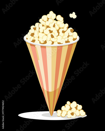 Red and white striped paper cone generously filled with fluffy buttery popcorn, a classic snack presentation - Vector Illustration