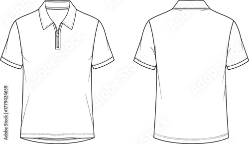CAD Drawing Flat Vector Illustration of Short-Sleeve Polo Shirt with Classic Collar, Zipper Placket, Hemmed Sleeves, and Straight Hem