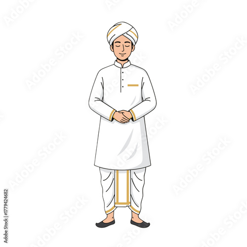 Traditional Indian Man in White Dhoti and Kurta with Gold Trim and Turban Standing Proudly with Folded Hands