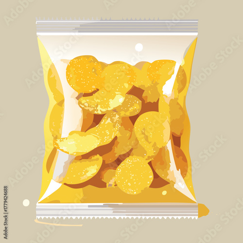 Golden potato chips or savory corn chips packaged in a transparent plastic bag with minimal branding - Vector Illustration