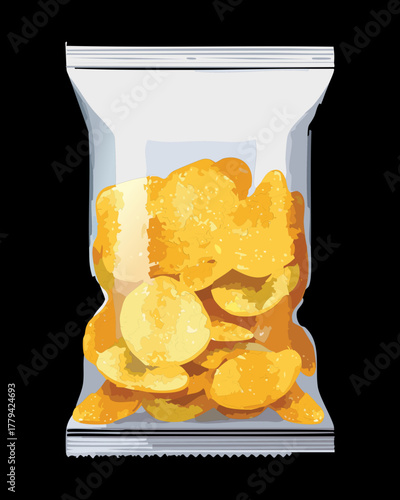 Yellow crunchy potato chips or savory snacks in a clear plastic bag with a small tear, ready for consumption - Vector Illustration