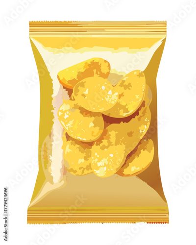 Crispy potato chips or savory snacks sealed in a transparent plastic bag with a bright yellow label design - Vector Illustration