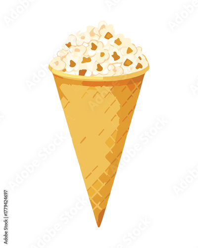 Sweet buttery popcorn served in a beige paper cone, overflowing with kernels, ready for a movie night snack - Vector Illustration