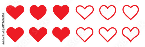 Hearts isolated on white. Hearts in linear and flat. Love icon. Valentines day signs or symbols. Vector illustration.