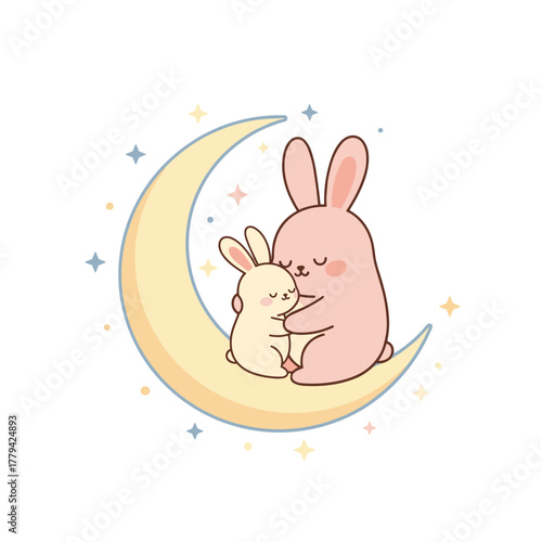 Two Cute Cartoon Bunnies Hugging on a Crescent Moon Surrounded by Stars with a Soft Pastel Color Palette and a Gentle Nighttime Atmosphere