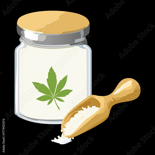 Glass storage jar containing dry herbal material with a wooden scoop perfect for displaying alternative herbal ingredients - Vector Illustration