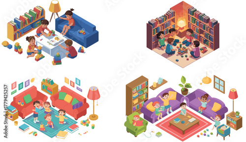 Isometric Set of Diverse Kids Playing, Learning, and Reading in Cozy Home or Library Interior Vector