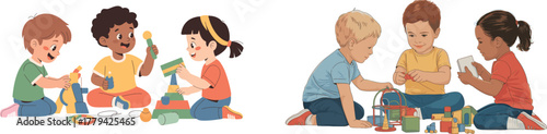 Set of Happy Diverse Kids Playing with Educational Toys and Building Blocks Vector Illustration