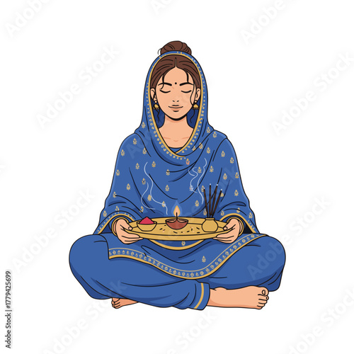 Woman Dressed In Blue Traditional Indian Clothing Sits In Meditation Pose Holding A Diya And Incense Sticks During A Religious Ceremony With Eyes Closed.