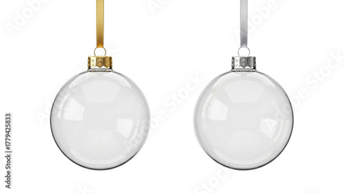 Realistic Transparent Glass Christmas Ornament Mockup with Gold and Silver Cap on White Background