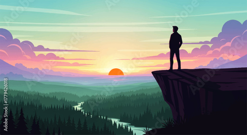 Silhouette of a man standing on a cliff overlooking a valley at sunset.