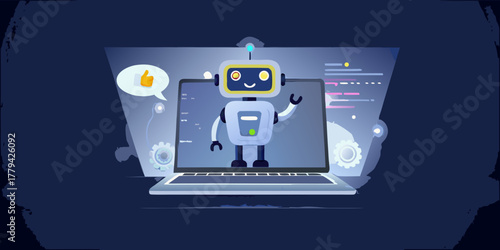 Friendly cartoon robot waving hello from a laptop screen with a thumbs up icon and code on display
