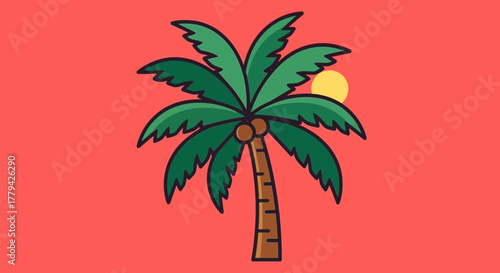 Cartoon palm tree against a vibrant sunset backdrop creating a serene escape