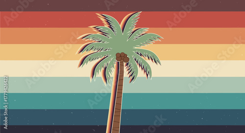 Retro style palm tree with vibrant sunset colors in a tropical setting