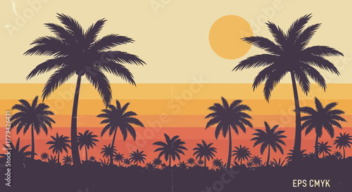 Retro styled tropical scene with palm trees and setting sun illustration