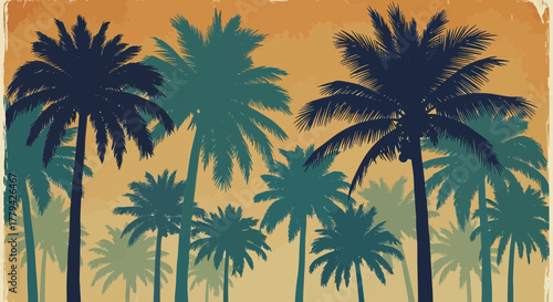 Retro Palm Tree Silhouette Vector Design with Grunge Texture Background