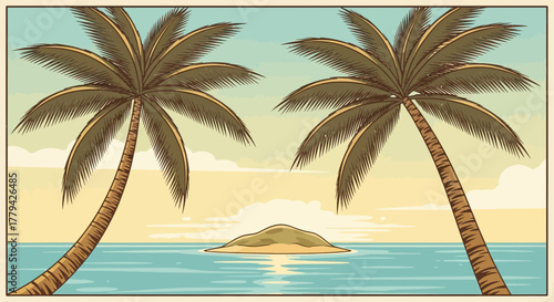 Retro Tropical Island Escape with Palm Trees and Distant Land Illustration