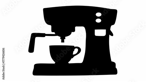 Illustration of a coffee maker pouring coffee into a cup in black and white silhouette style design art