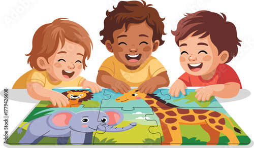 Happy Diverse Kids Group Working Together to Solve Animal Jigsaw Puzzle Game Vector Illustration