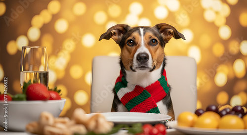 Adorable dog near Christmas dinner table, cozy and natural festive setting.