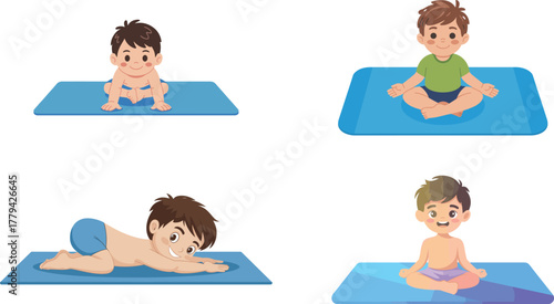 Set of Cute Little Boys Practicing Yoga and Stretching Poses on Mats Vector Illustration