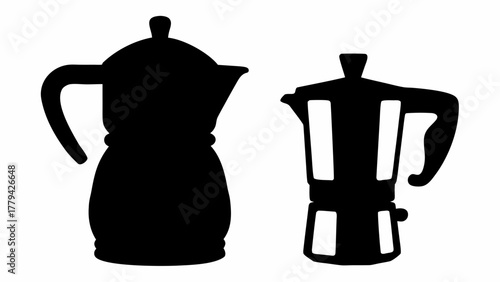 Two moka pots depicted in black silhouette against a white background showcasing italian coffee makers