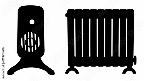 Silhouette illustration depicting two distinct types of home heating radiators side by side in black color