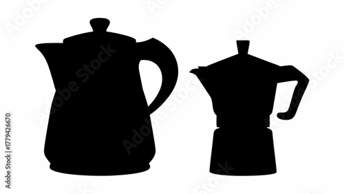 Two coffee pots in black silhouette one is larger and the other is smaller on a white background