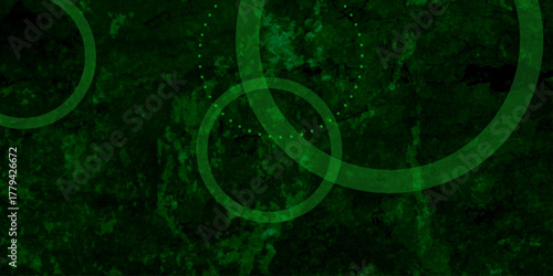 Green abstract background with grey circle rings in faded distressed vintage grunge texture design 