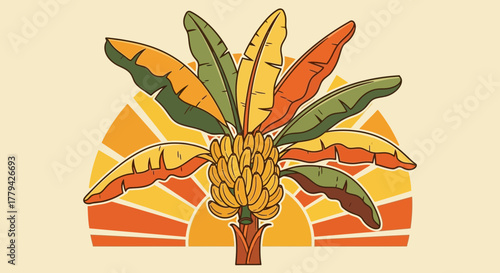 Stylized banana tree with retro sunset backdrop providing tropical vibe