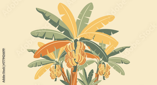 Stylized banana trees with varied leaf colors and abundant fruit clusters