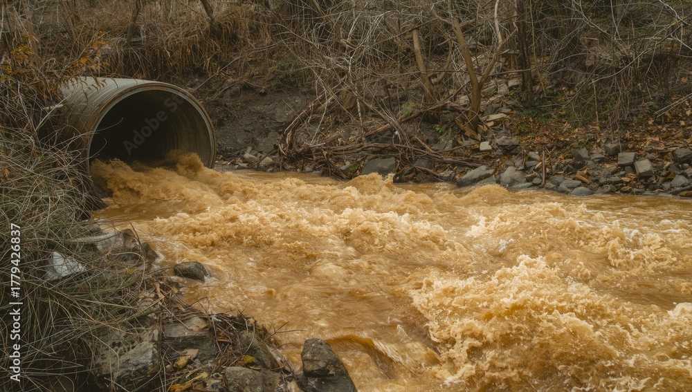 Obraz premium A concrete pipe discharges polluted water into a river, causing environmental contamination