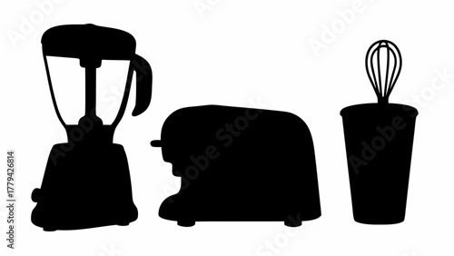 Silhouette of a blender, toaster, and whisk in a container against a white background design image