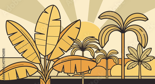 Stylized tropical plants and sunshine background in sepia vector format