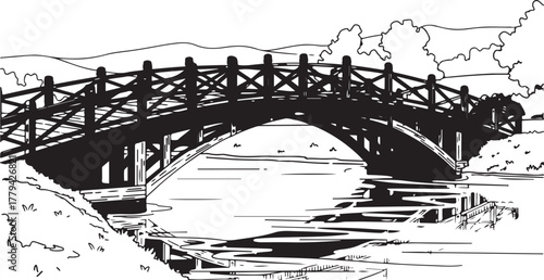 Black and White Illustration of a Scenic Arch Bridge Over Water