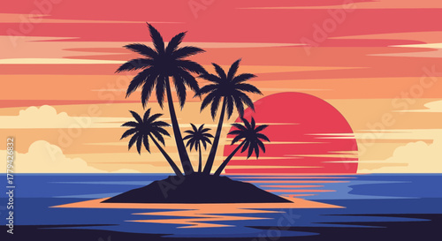Tranquil tropical island paradise at sunset with silhouetted palm trees