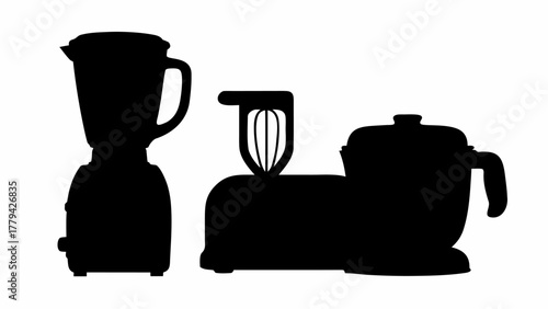 Silhouette of a blender, kitchen mixer, and food processor arranged together on a white background image