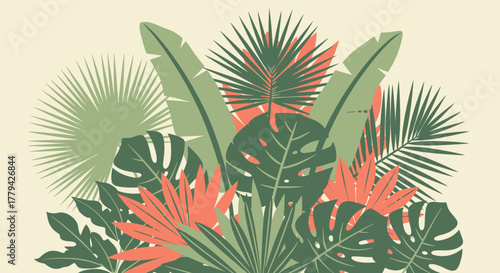 Tropical Foliage Arrangement with Geometric Palm and Monstera Leaves