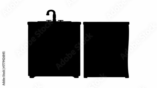 Silhouette of bathroom vanity with sink and faucet next to cabinet against a white background view