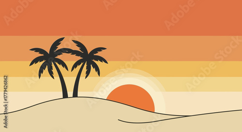 Tranquil Tropical Sunset Illustration with Palm Trees and Beach Landscape