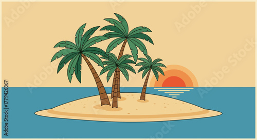 Tropical island getaway with palm trees at sunset, idealized paradise scene