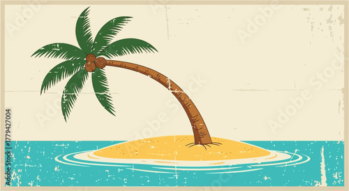 Vintage style postcard of a deserted island with a leaning palm tree
