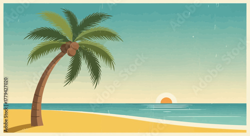 Vintage tropical beach landscape with palm tree and sun, vacation scene